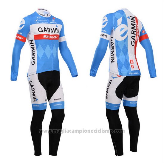 2014 Abbigliamento Ciclismo Garmin Sharp Azzurro e Bianco Manica Lunga e Salopette